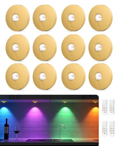 WUYOR USB Aufladbar RGB LED Spots Akku mit Fernbedienung, Farbwechsel Led Unterbauleuchte, Magnetisch Dimmbar Akku LED Schrankbeleuchtung, Kabellos Vitrinenbeleuchtung mit Timing Funktion Gold 12PCS
