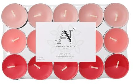 Aroma Naturals London Lot de 30 bougies chauffe-plat parfumées | 4 heures de combustion | Taille standard D 3,77 x H 1,45 cm | Cire colorée trois tons et tasses en aluminium | Lot de 30 bougies