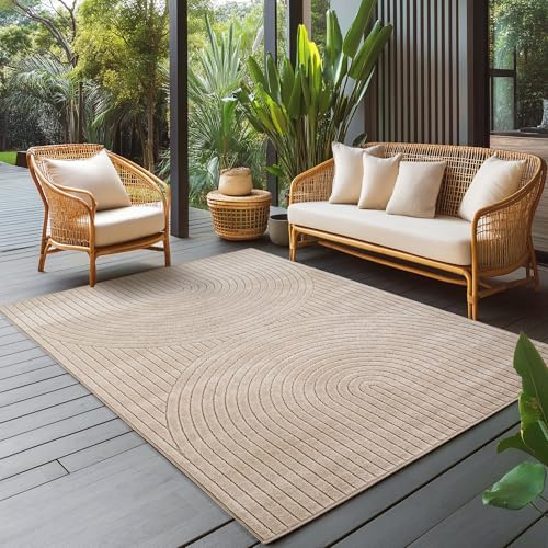 Carpettex Outdoor Teppich wetterfest, Wohnzimmer, Schlafzimmer, Garten, Balkon, Kurzflor Beige, Hoch-Tief-Effekt, weich & waschbar, pflegeleicht, 200x290 cm