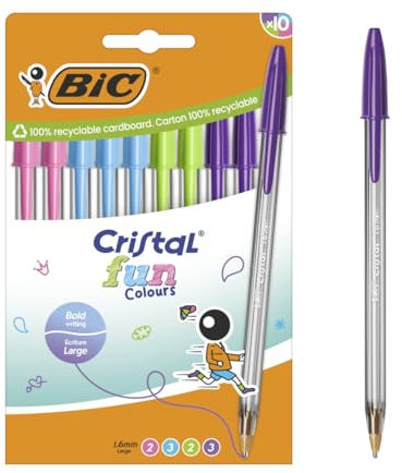 BIC Cristal Fun Colours Stylos-bille Pointe Large (1,6 mm) avec encres fantaisie - Couleurs assorties, pack de 10