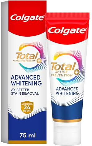 Colgate Total Active Prevention + Advanced Teeth Whitening Toothpaste 75ml | Mint Flavoured Teeth Whitening Toothpaste with Superior Surface Stain Removal* and 24H Bacterial Defence**