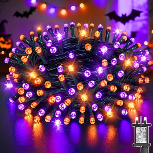 Dalugo Halloween Decorations Lights Outdoor, 30M 300 LED Waterproof String Light Mains Powered with Timer, Memory Function,8 Modes Purple and Orange Fairy Lights for Halloween Garden Party Decorations