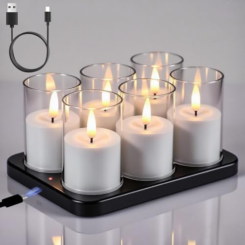 Eldnacele Rechargeable Tea Lights, 6 LED Votive Candles with Charging Base | Clear acrylic shells, warm flickering flames, built-in timer, flameless décor for Christmas, weddings and home styling