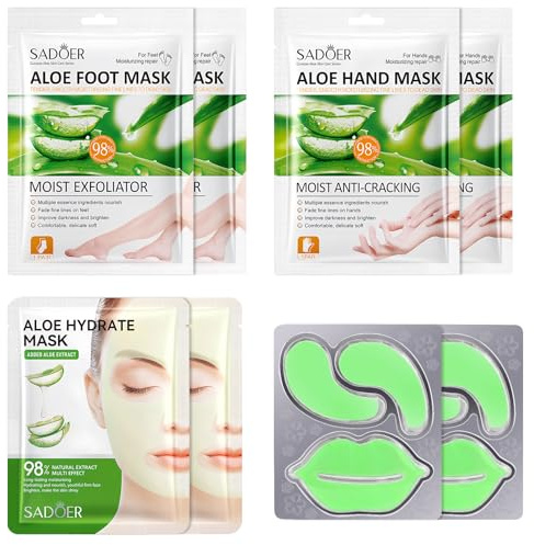 Maschera Piedi Esfoliante,Guanti Idratanti Mani,Maschera Viso in Tessuto | Patch Occhi,Lip Mask,Kit per la Cura della Pelle Aloe Vera,Calzini Idratanti per Piedi,Nutriente con Aloe Vera