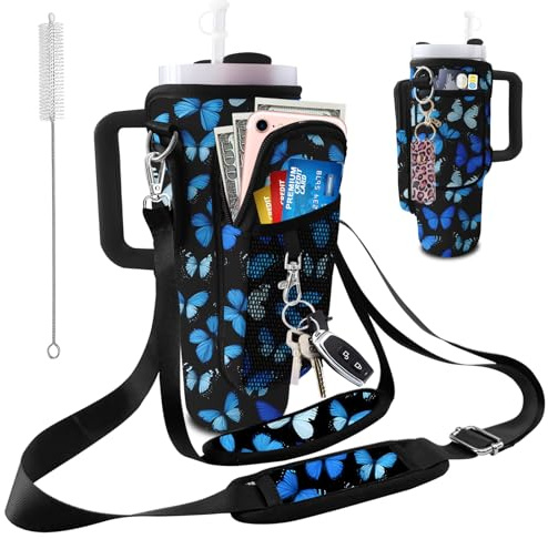 bolimoss Wasserflaschen-Tragetasche für Stanley 40/30 oz Becher, Zubehörhalter mit 2 verstellbaren Riemen & 3 Taschen Neopren-Tassenhalter-Tasche für Spaziergänge, Reisen, Wandern