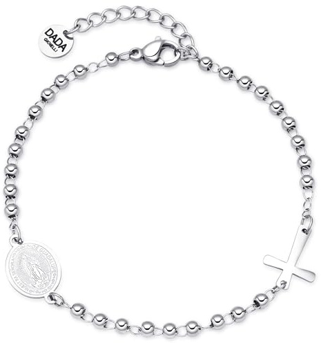 Dada Gioielli Bracciale Religioso Unisex Acciaio Inox Regolabile | Croce e Medaglietta Madonna Miracolosa, Elegante, Spirituale Raffinato, Idea Regalo Sacra