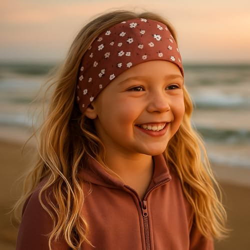 Wollhuhn Stirnband aus Jersey – elastisch & bequem – handmade in Deutschland – viele Motive – für Kinder & Erwachsene, ganzjährig tragbar (Miniblümchen Braun)