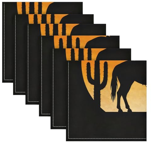 EtherSpher Servietten, Motiv: Sonnenuntergang Cowboy, schwarzer Kaktus, dekorative Ernte-Servietten, Polyester, 50,8 x 50,8 cm, 6 Stück