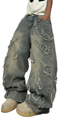 Zewool Herren Baggy Jeans Patchwork Stickerei Weite Hosen | Fransige Fransen, Hip-Hop, Y2K-Look der 2000er Jahre, Jeansstoff, locker bequeme Passform, Skateboard geeignet, casual