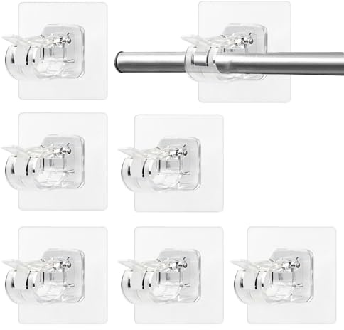 Veridius 6PCS Self Adhesive Curtain Hooks No Drill Rod Brackets Heavy Duty Adjustable Transparent Pole Fixing Rods Holders for Doors Windows Bathroom Kitchen Strong Glue Wall Hooks for Towels Drapes