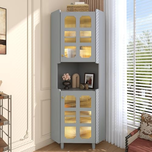 Merax Eckschrank Hochschrank mit LED - Beleuchtung, Eckregal Standregal mit Glas Türen, 2 Ablagefächern und Verstellbaren Einlegeböden, für Wohnzimmer, Esszimmer, MDF-Platte, Grau/63.5x0x157.5 cm