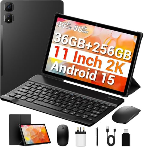 11 Inch Tablet, 2K IPS Screen, 36GB RAM+256GB/1TB Expandable, Dual SIM 4G LTE + 5G/2.4GHz WiFi, Octa-Core, Gemini AI, 9580mAh, 13MP, GPS, OTG, Android 15 Tablets Keyboard/Mouse/Stylus/Case Included