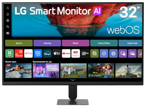 LG 32 4K Smart Monitor U7s AI 32U701SB-B, webOS, HDR10, Black | ThinQ Home Dashboard, LG ThinQ App, AirPlay 2 and Bluetooth audio, 2x HDMI 2.0, USB-A, AI Sound Pro, tilt stand