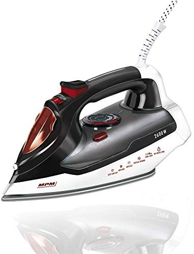 MPM MZE-17 Plancha de Ropa vapor Suela Cerámica, vapor Vertical, Golpe de Vapor, auto limpieza, anti goteo, 7 Funciones, depósito 430 ml, Apagado automático, 2600 W