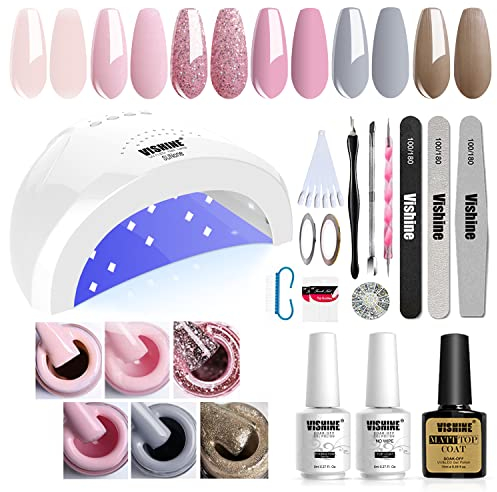 Vishine Gel Nail Polish Starter Kit with 48W SUNOne UV LED Nail Lamp Speed Dryer Manicure Tools 6 Pretty Colours Gel Polish Base and Top Coat #02
