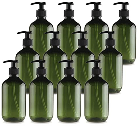 ZEOABSY 24 Stück 500 ml 17oz Leere Grün PET-Kunststoff Flasche mit schwarzen Lotion-Pumpen für Cremigen Substanzen Lotionen Gele Lotion-Spender Seifenspender Lotionspender Badzubehör
