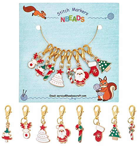 nbeads 8 Stück Weihnachtsmotiv Maschenmarkierer, 8 Styles Weihnachtsbaum/Weihnachten Rentier Legierung Emaille Häkelstichmarker Charms Verriegelungsstichmarker Zum Stricken Weben Nähen Schmuck