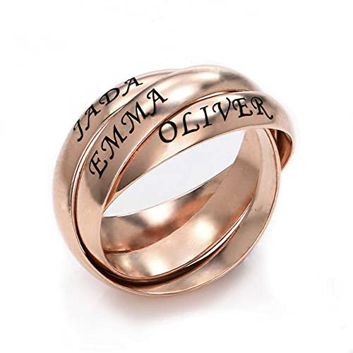 kaululu Personnalisé Femme Bague avec 3 Prenoms Triple Anneaux Entrelacés Plaqué Argent Bijoux Cadeau pour Femme Petite Amie Mère et Fille avec Coffret Cadeau Or Rose 10
