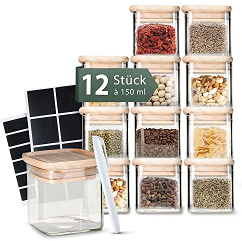 Stapelbare Gewürzgläser Set 150 ml Eckig - 12 Stück - Vorratsdosen aus Glas luftdicht - Bambus Holzdeckel - mit Etiketten & Kreidestift - Gewürzaufbewahrung, Küchenorganisation, Vorratsglas