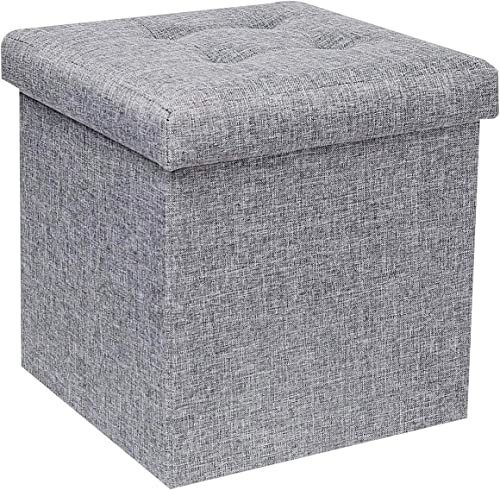 A406 Folding Ottoman Storage Box with Lids Pouffe Seat Stool Foot stool Storage Unit Bench Foot Rest Stool 38cm Grey Black Beige Green (Grey-Linen)