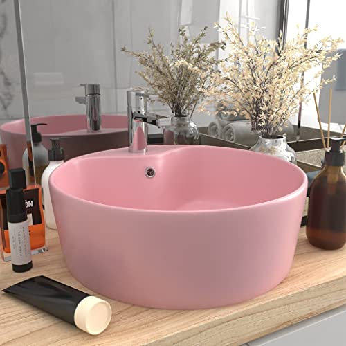 HOMIUSE Lavabo de Luxe avec Trop-Plein et un Trou de Robinet Rose Mat 36x13 CM CéRamique Vasque à Poser Salle de Bain Lavabo Salle de Bain Lavabo à Poser Sur Meuble Lavabo sur Table Lavabo Rond