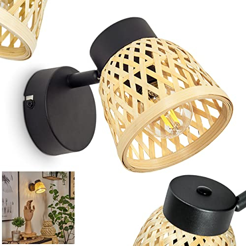 Wandleuchte Rombarral, moderne Wandlampe, Metall/Rattan in Schwarz/Natur, verstellbare Leuchte im skandinavischen Design mit Schirm in Gitter-Optik und Lichteffekt, 1-flammig, E14, ohne Leuchtmittel