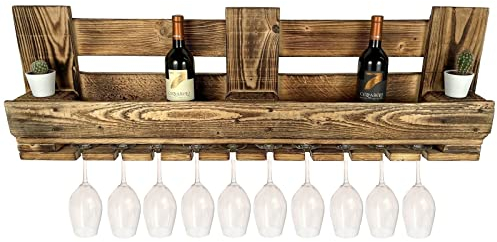 yelloo Botellero para copas y botellas, estante rústico de madera reciclada ecológica para cocina vinoteca bar restaurante (para 10 copas, para 10 botellas)