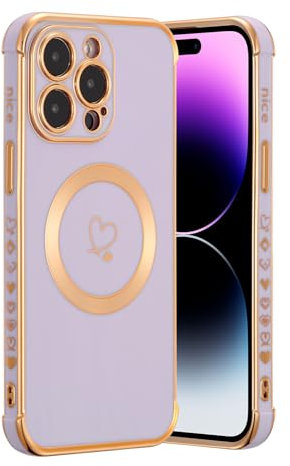 ZTOFERA Magnetic Case for iPhone 14 Pro, [Compatible with MagSafe] Flexible Soft Silicone Protective Phone Case with Cute Love Heart Pattern Golden Rim Shockproof Bumper Cover, Purple