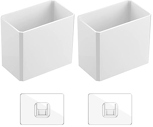 DearCal 2 PCS Wall Mounted Storage Boxes, Self-adhesive Plastic Holders, No Drilling Hanging Storage Containers Makeup Organizer Shelf for Bathroom Kitchen Office Bedroom Room White