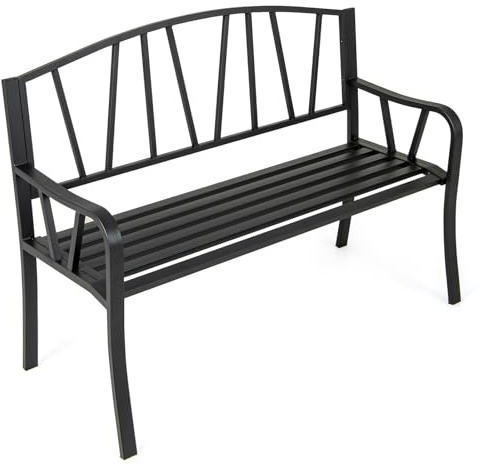 GOPLUS Gartenbank Metall, 2-3 Personen Sitzbank Outdoor, Parkbank Antik, Terrassenbank mit Rücklehne und Armlehne, Sitzbank Garten Balkon Terrassen (Schwarz, 300kg Tragkraft)