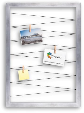 CLAMARO Bilderrahmen Collage Flex, 40 x 60 cm, Silber Gebürstet, für Fotos | MDF-Holzrahmen vollummantelt, vorgespannte Gummileine, Echtholz-Fotoklammern, Wandaufhänger, Postkarten, Notizen