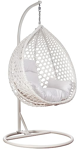RAMROXX Luxus Hängesessel Style XXL Rattan Korb und Gestell Weiss mit Relaxkissen Weiss