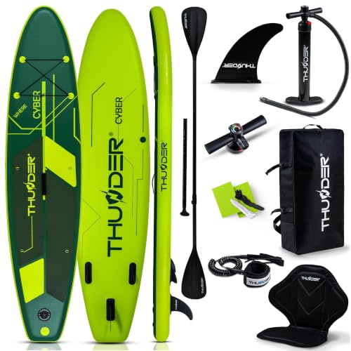 THUNDER Aufblasbares SUP Board mit Kajaksitz, Pumpe, Paddel und Rucksack | 320 x 75 x 15 cm, bis 150 kg belastbar, 15 PSI, EVA-Oberfläche, 3 Finnen