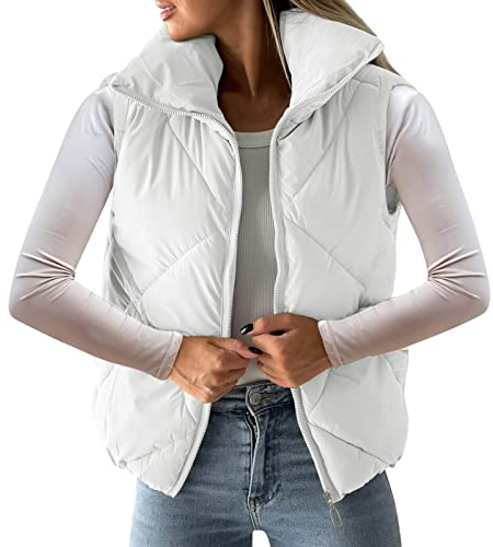Damen Steppweste Puffer Jacke Freiraum Taschen Damen Stehkragen Casual Plus Size Weste Winter Warm Reißverschluss Ärmellos Leicht Gepolsterte Mäntel Outdoor Activewear Weste, weiß, 36