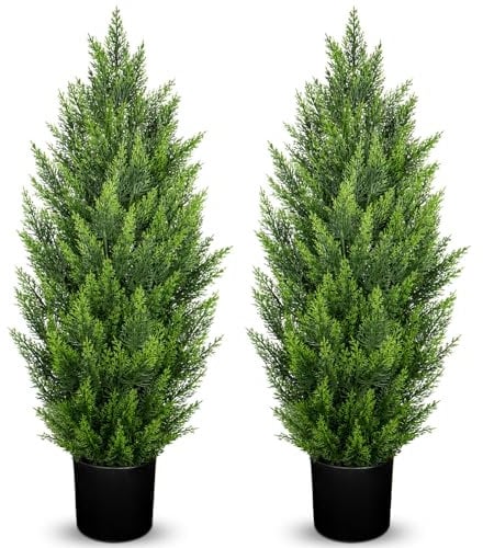 Hollyone 2PCS Artificial Cypress Trees, 3FT Fake Topiary Trees with Detachable Trunks, Decorative Faux Topiaries for Indoor&Outdoor Home Decor Garden Balcony Patio Entryway (90CM)