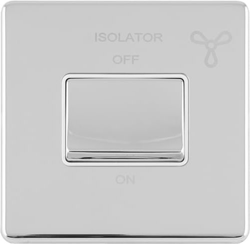 SCREWLESS 6A Extractor Fan Isolator Switch Polished Chrome 3 Pole Shower Plate - 230V Bathroom Wetroom Fan Switch Wall Plate