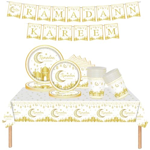 70PCS Eid Party Tableware Set,White Gold Moon&Star Ramadan Kareem Themed Disposable Plates Napkins Cups Tablecloth and Banner for Ramadan Umrah Mubarak Islam Muslim Home Room Dinning Table Decoration