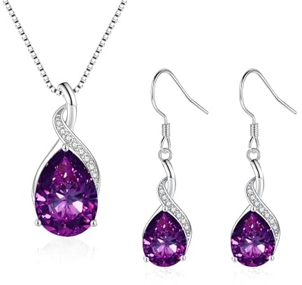 Loutade Silber Schmuckset für Damen, 925 Sterling Silber Wassertropfen Schmuckset mit Lila Zirkonia, Unendlichkeit Twist Halskette mit 45+5cm Silberkette & Ohrringe Ohrhänger Set für Mädchen Frauen