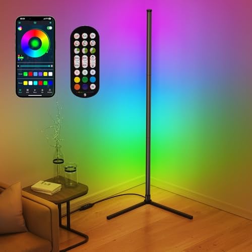riyo Led Floor Lamp, RGB Corner Floor Lamp with APP and Remote Control, 16 Million Colors & 68+ Scene Color Changing Ambience Light with Music Sync for Living Room, Bedroom, Gaming Room