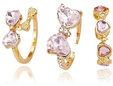 HUASAI Gold Bow Rings Sets für Frauen: Modische Ribbon Heart Ringe mit Perle, Silber-Stackable, einstellbare Open Knuckle Midi Ringe - Ideal als Geschenk für Teenager-Mädchen