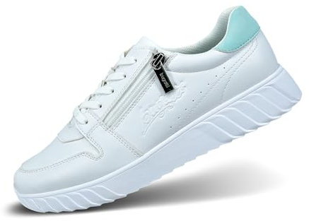 bugatti Damen-Weiße Sneakers mit Chunky Featherlight Eva-Sohlen, gestreifter Prägung, Reißverschlussdetail und dekorativen Perforationen weiß/hellgrün 36 EU