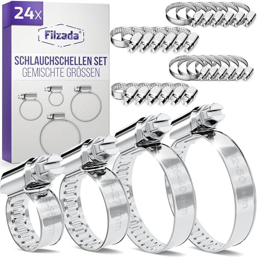 Filzada® 24x Schlauchschellen Edelstahl XXL Set - Nach DIN 3017 Profi W4 Qualität - 6 Größen 8-50mm - Schlauchschelle Edelstahl - Geeignet für Auto, Pool, Waschmaschine - Korrosionsbeständig