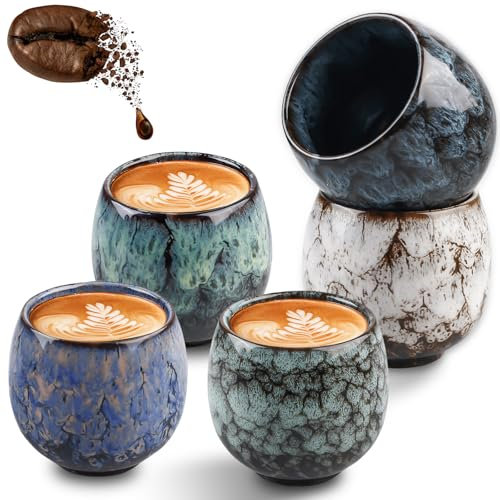 Asfrode Lot de 5 tasses à expresso de 100 ml de qualité supérieure en faïence sans anse, à paroi épaisse, tasses à thé, cappuccino, pour expresso, moka, macchiato, thé