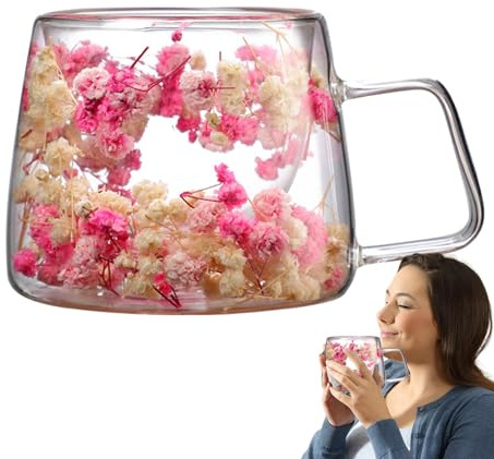 Paodduk Flowers Inside Glass Coffee Mug, 200ml Double Wall Glass Coffee Mug with Flowers, Glass Flower Tea Cup, Creative Flower Mug with Handle, for Latte, Coffee, Cappuccino