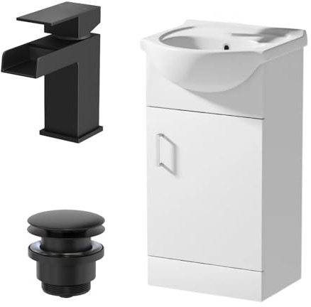 Affine® 450mm Bathroom Vanity Unit Ceramic Sink Floorstanding Storage Cabinet Cupboard & Black Waterfall Basin Tap & Waste Set, White Gloss