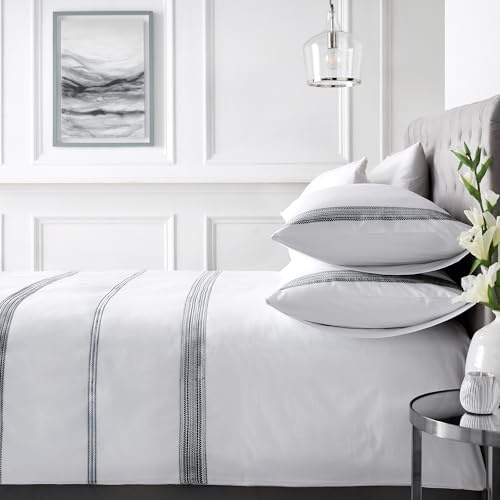 Appletree White Embroidered Duvet Cover Set – King Size (230 x 220cm) – 100% Cotton 200 Thread Count Bedding – 2 Pillowcases – Hotel-Style Linen with Black Stitch Detail