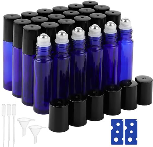 STARVAST 24 botellas de cristal roll-on de 10 ml azul cobalto con rodillo de acero inoxidable – Botellas vacías rellenables para aceites esenciales, lociones y perfumes