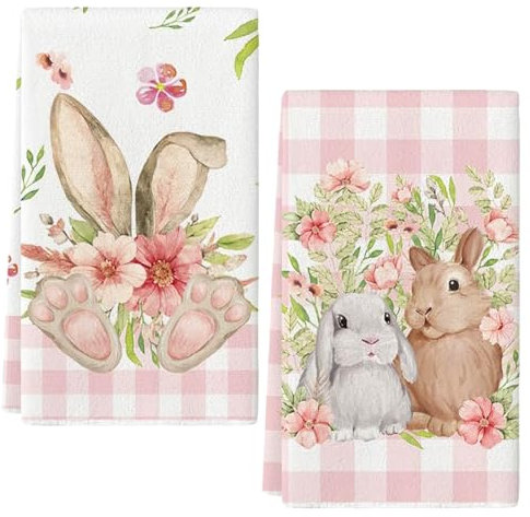 LUYANFX 2er Set Geschirrtücher Hasen Ostern Küchenhandtücher Häschen Geschirrtücher Baumwolle, 43x66cm Frühling Hasen Trockentuch - strapazierfähig, saugkräftig (Rosa-A)