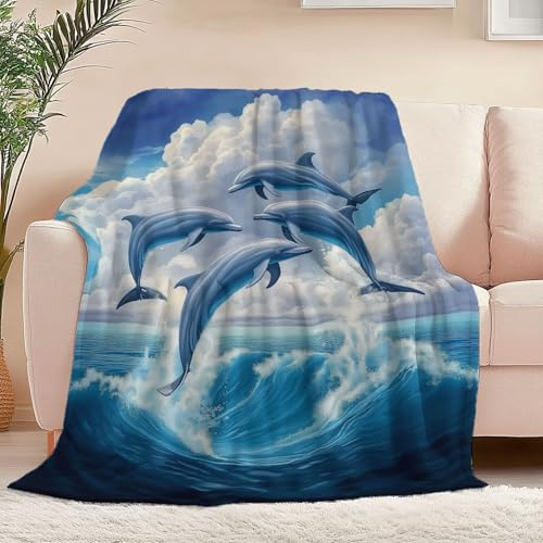 Decke Flanell Mikrofaser Überwurf Traum Delphin Wellen Muster Reisedecke Couch Bett Plüschdecke Überwurf, Decke Dekoration Blau warm für Zuhause Sofa Büro 200 x 220 cm