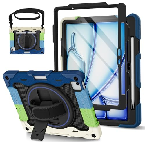 ROSROME for iPad Air 11 Inch Case M4/M3/M2(2026/2025/2024) with Screen Protector, Heavy Duty Full Body Shockproof Kids Cover with 360°Rotating Stand/Hand Strap/Shoulder Strap/Pencil Holder, Blue